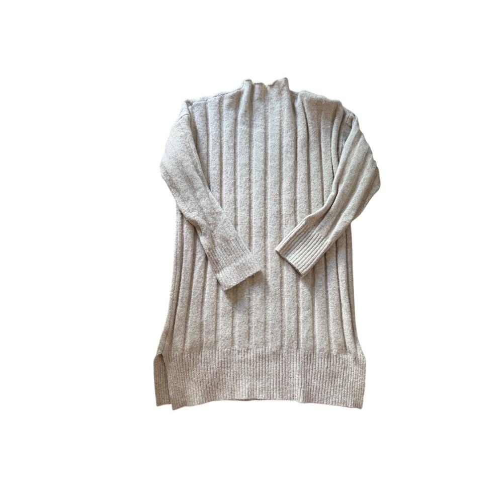Oversized Oatmeal Ribbed Knit Sweater Dress High Neck Asymmetrical Hem